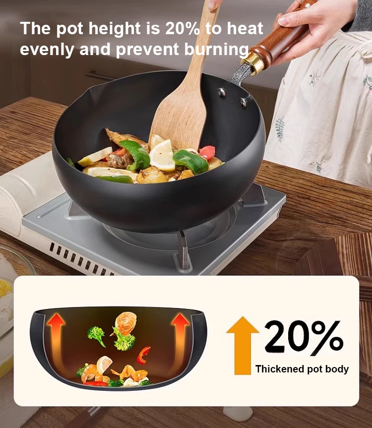 Handmade Pure Iron Non-Stick Frying Pan - Big Belly Flat Bottom Cookware for Gas Stove