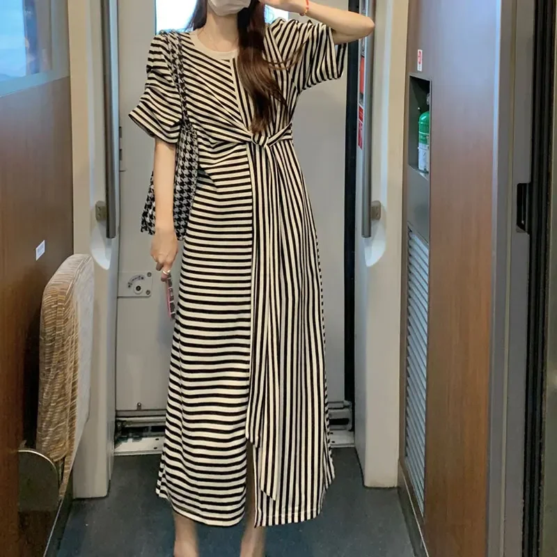

Elegant Fashion Harajuku Slim Fit Female Clothes Loose Casual All Match Straight Skirt Patchwork O Neck Short Sleeve Dresses