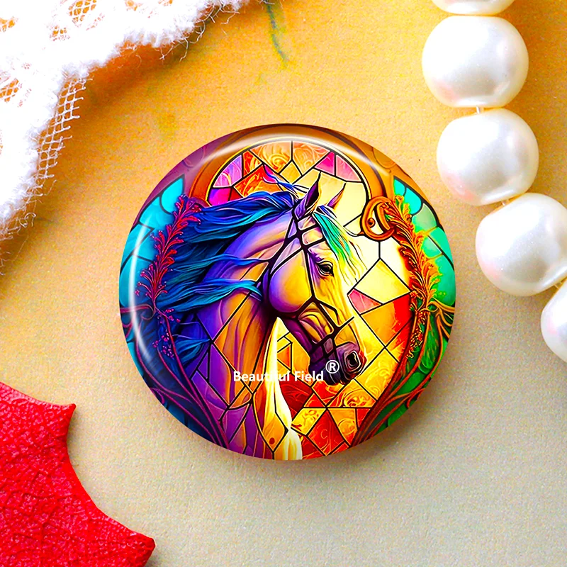 DIY Round Glass Cabochon Photo Set – Horse Design, Multiple Sizes
