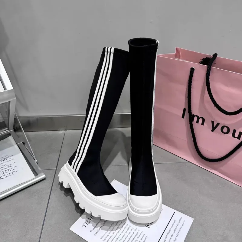 Women's Winter New Square Heel Knee High Sock Boots Slip on Round Toe Boots for Women Ladies Comfortable Casual Platform Boots