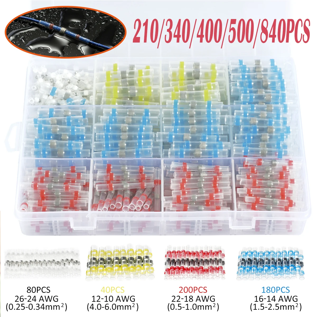 210Pcs Heat Shrink Butt Crimp Connectors Mixed w/ Solder Seal Wire Connectors