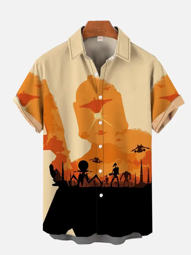 2024 New Men's Short Sleeve Shirt Future Technology Printed Men's Fashion Lapel Top Large Size Casual Men's Shirt XS-5XL
