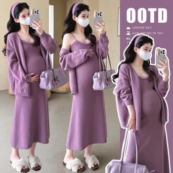 Maternity Set Autumn Winter Elegant Soft Comfortable Knitted Elastic Lace Camisole Dress And Sweater Cardigan Two Piece Set