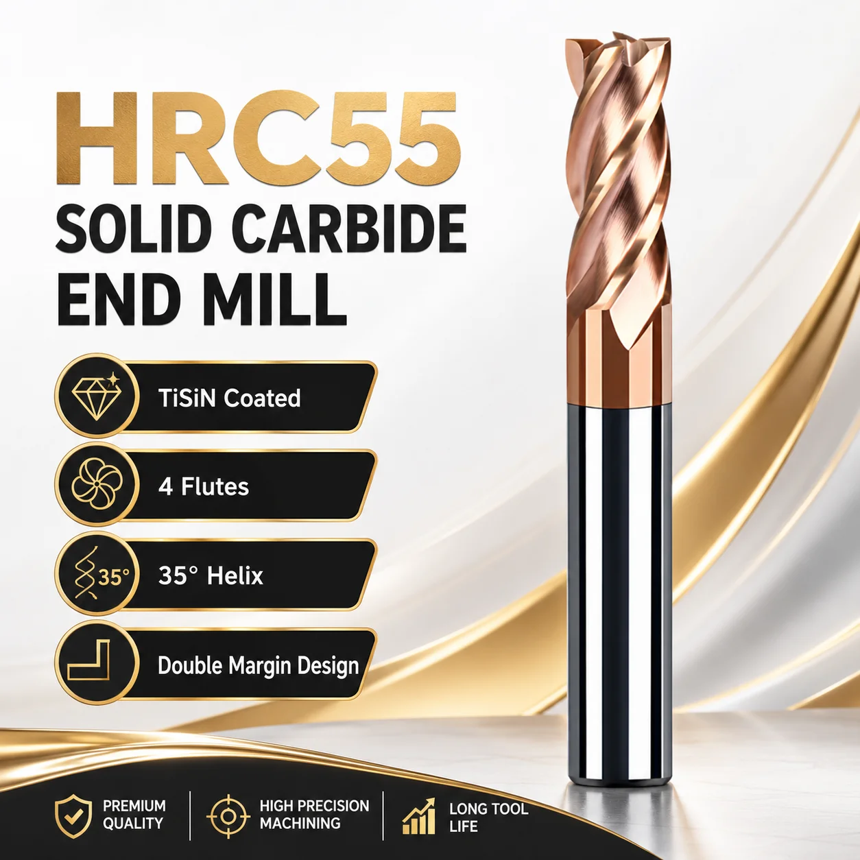 HRC55 Vollhartmetall-Schaftfräser TiSiN-beschichtete Schaftfräser 4-schneidiger CNC-Fräser 35 ° Helix-Doppelmarge für CNC-Schneidwerkzeuge aus Stahl