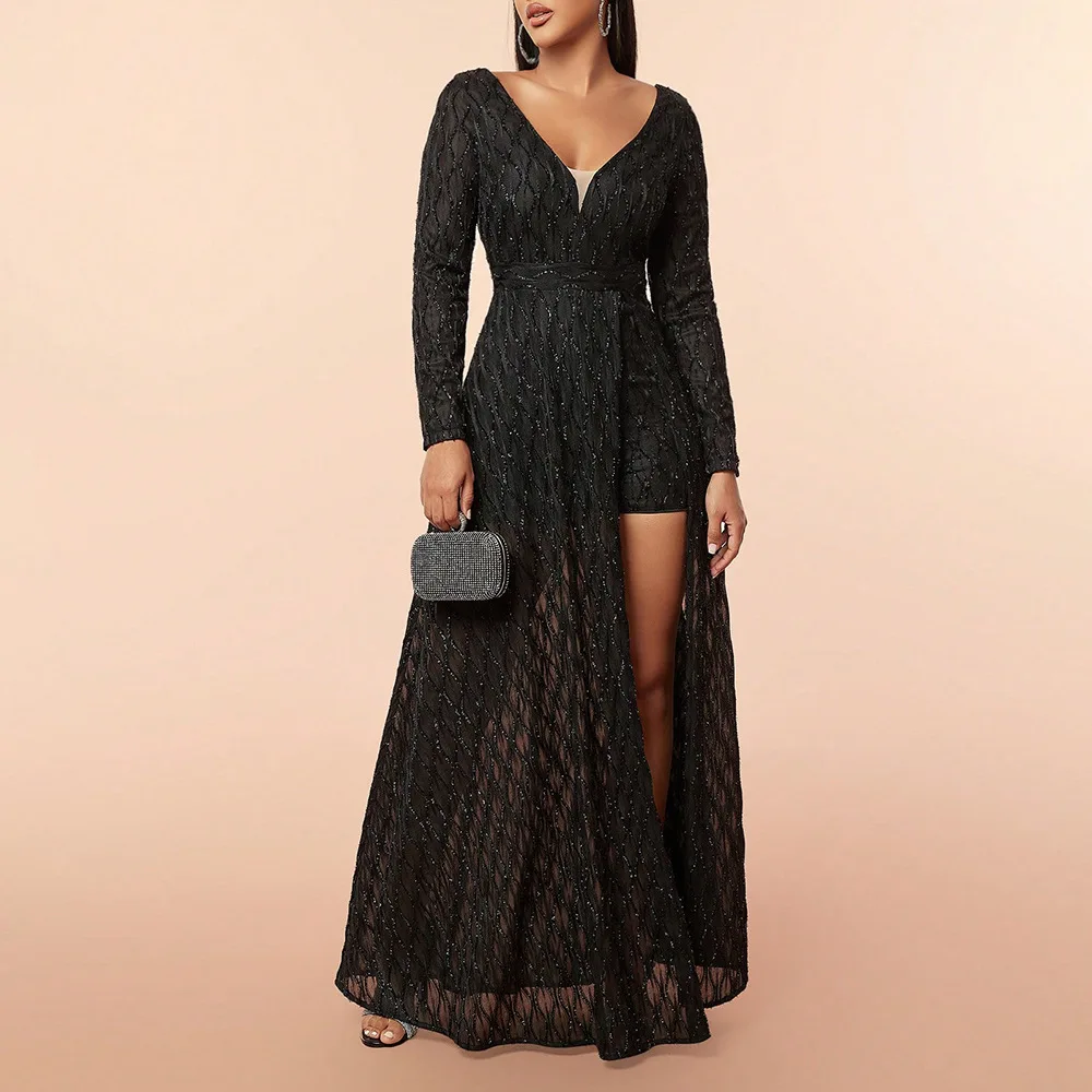 

Sexy Deep V Mesh Sequins Long Sleeves Dresses Spring Summer New Women High Split Slim Casual Elegant Commute Party Dress