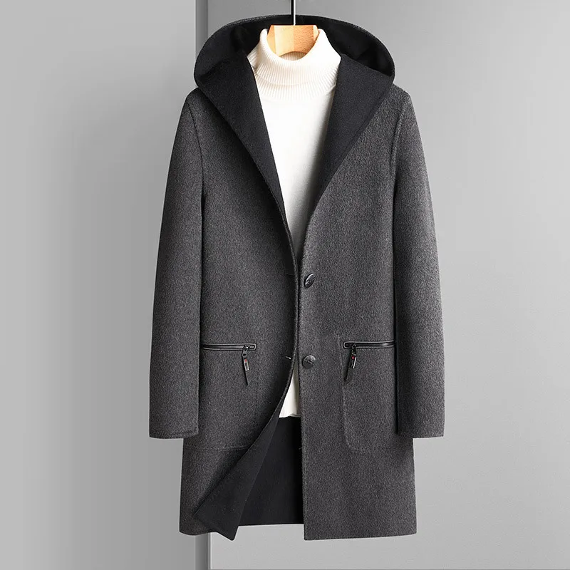 2023 Autumn Winter Double-Sided Woolen Men Coat Hooded Fashion Casual Warm Jacket 2023 Two Sides Wearing Mid-Length Trench Coat