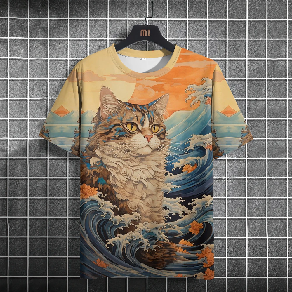 Men T-Shirts Casual Short Sleeve Tops Japanese Style Ukiyoe Graphic Clothing Oversized Summer Apparel Male T-Shirts Cat Pattern