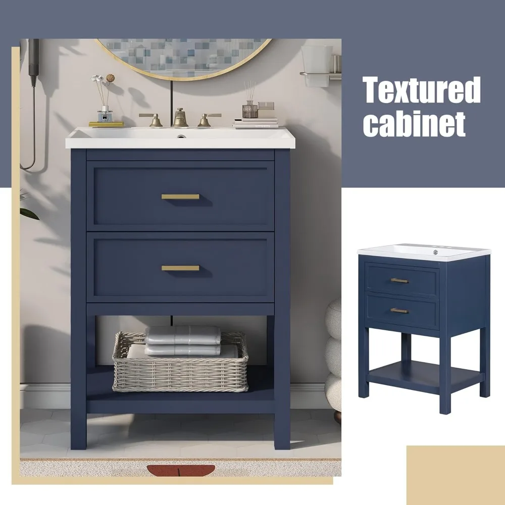 24" Bathroom Vanities with Ceramic Single Sink Combo, Modern Undermount Bathroom Sink Cabinet with 2 Drawers & Open Self