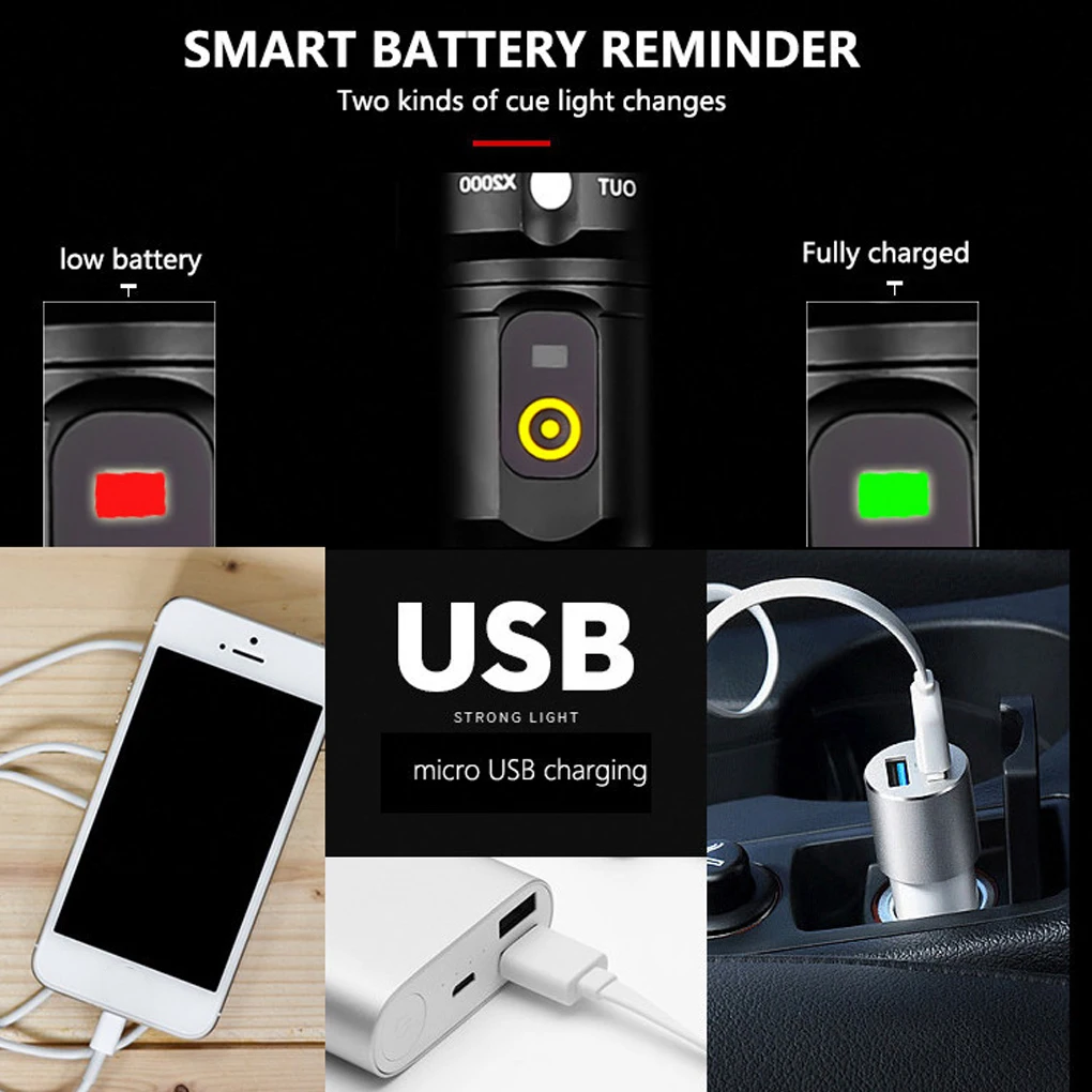 Flashlight Zoomable Powerful Torch Aluminum Alloy Bright Portable Spotlights Multi purpose Emergency light Search USB