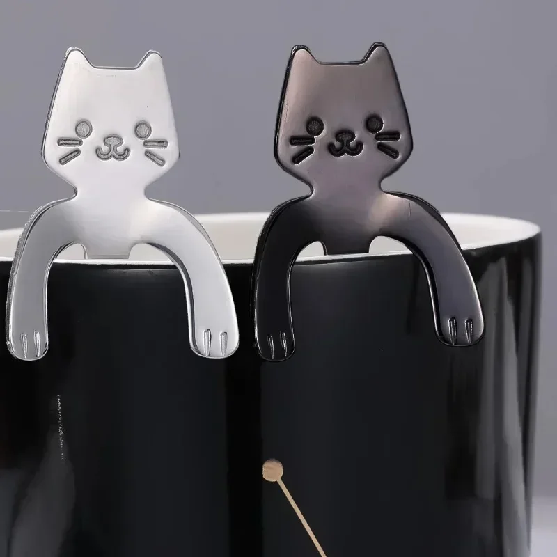 6 Cucchiaini Da Caff&egrave; A Testa Di Gatto - Acciaio Inox E Ceramica, Bianco E Nero