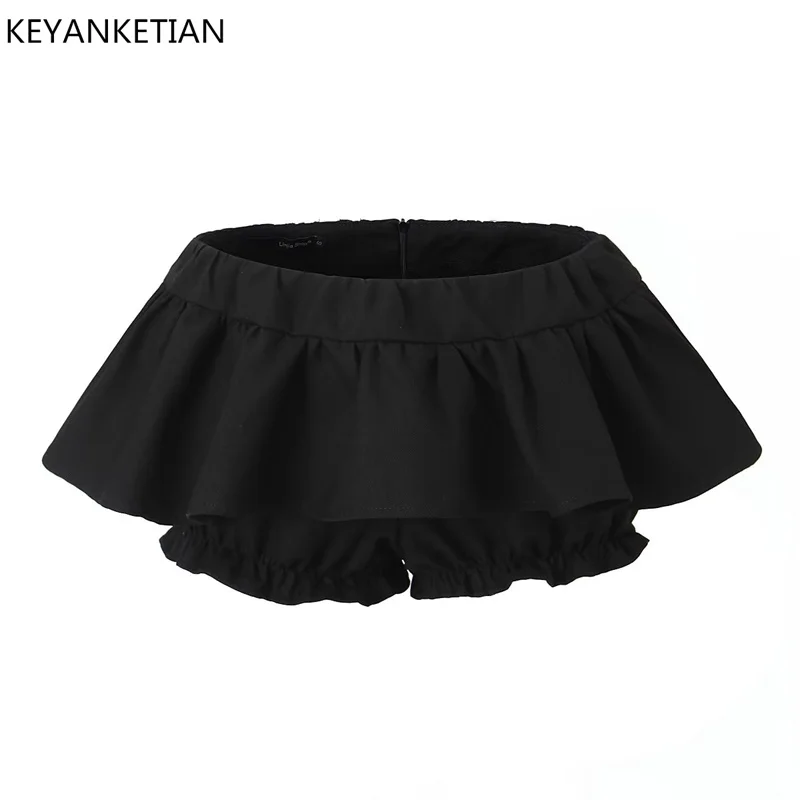 

KEYANKETIAN Summer New Lotus Leaf Border Decoration Elastic Low Waist Black Half Skirt Hot Sweetheart Sexy Miniskirt Pants