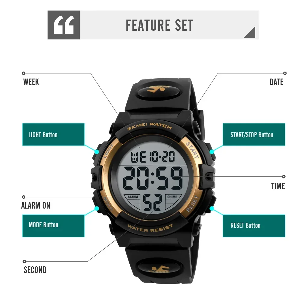 SKMEI 1266 LED light Display Digital Children's Watches For Boys Girls Watch Alarm Clock 5Bar Waterproof Kids Wristwatches 5