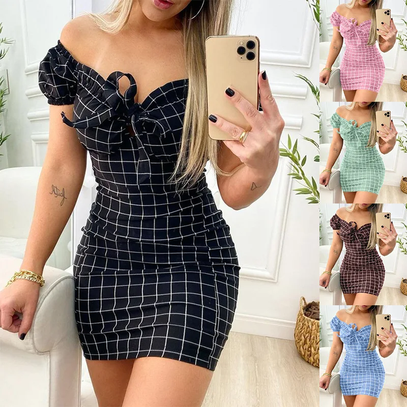 

Summer Dress Women Plaid Print Off Shoulder Bodycon Sweet Skinny Hips Mini Dress Plus Size Dress Vestidos Boho Dress 2022