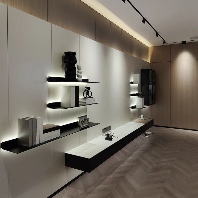 Étagère Murale Suspendue Avec LED - 7 Couleurs, Télécommande Et App, étagères En Bois Et Verre, Cadre Métal Noir, Forme Hexagone