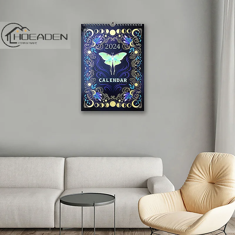 

2024 Dark Style Calendar Creative Illustrated Wall Decors Lunar Astrology Moon Calendar Butterfly Animal Elf Calendar Art Tool