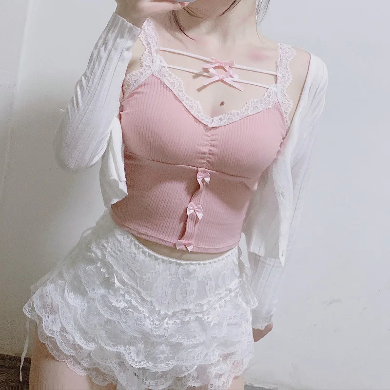 Pink Crop Top Women Summer Cute Y2k Tops Lace Trim Bow Decoration Slim Camis Sweet Girl Lolita Style Aesthetic Kawaii Clothes | Женская