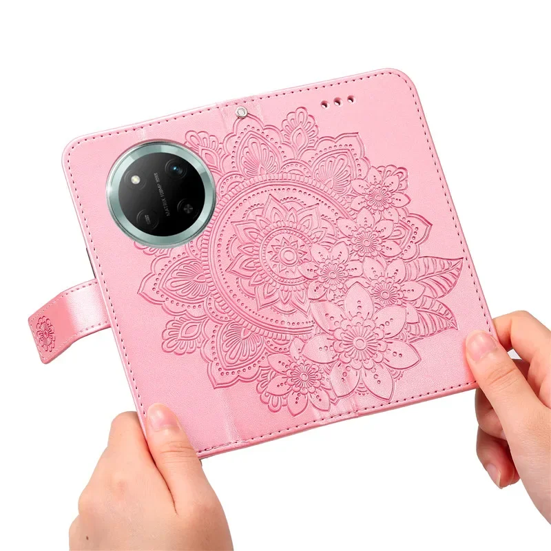 Retro Totem Sunflower Leather Wallet Phone Case with Magnetic Flip Cover and Card Holder