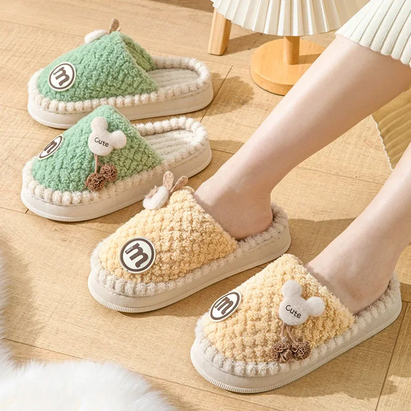 Cute Cartoon Winter Cotton Slippers Women Warm Plush Home Shoes Indoor Cozy Flat Slides Woman Non-Slip Thick Sole Fur Slippers
