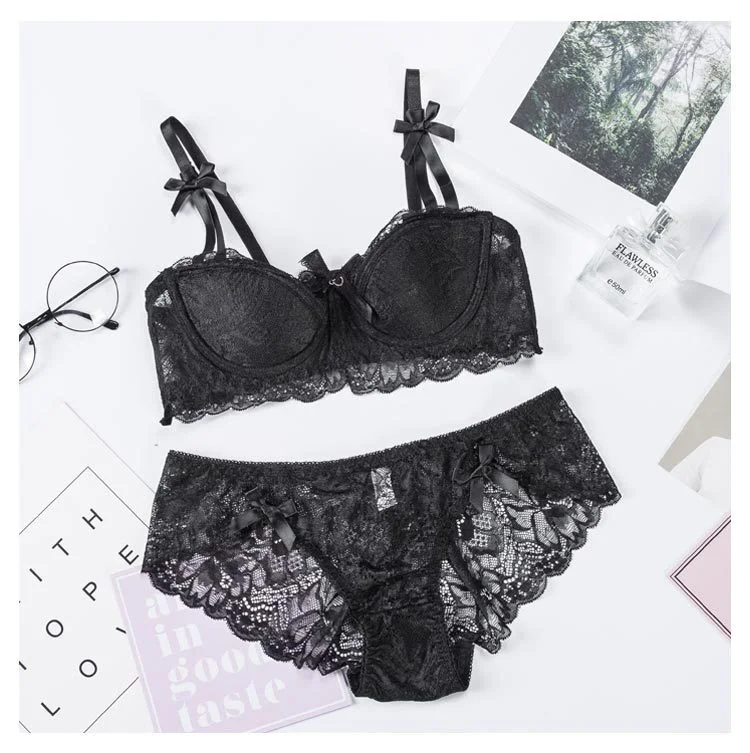 sexy bra and panty set French Lace Underwear Women's Sexy Thin Section with Steel Ring Gathering Translucent Large Chest Showing Small Side Closing Bra bra and thong set