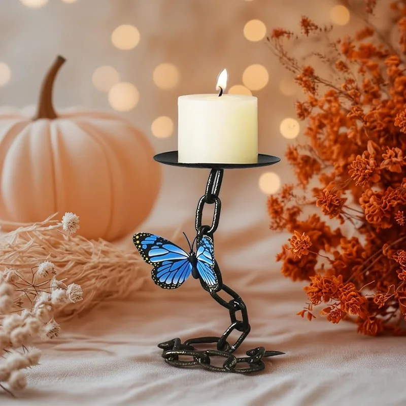Matte Black Iron Pillar Candle Holder with Magnetic Butterfly Retro Decoration for Living Room, Creative and Interesting