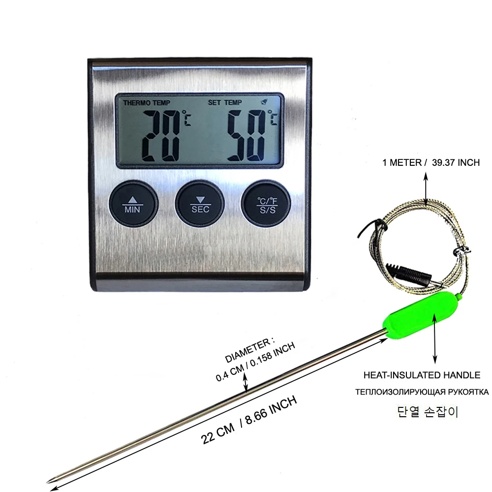 Dijital Barbekü Kızartma Et Termometresi Mutfak Fırın Gıda Pişirme için 22 cm Uzun Sıcaklık Sensörü Probu ile Süt Şekeri Sıvı