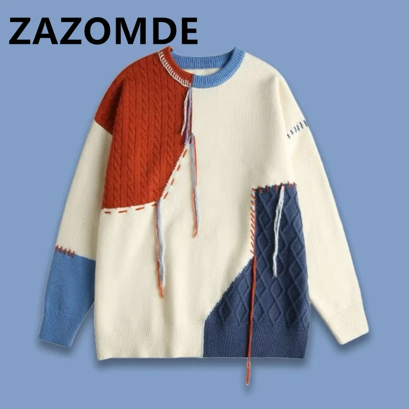 ZAZOMDE Autumn Winter New Knit Pullovers Men Patchwork O Neck Casual Knitwear Mens Loose Fashion Streetwear Y2K Knitted Sweater