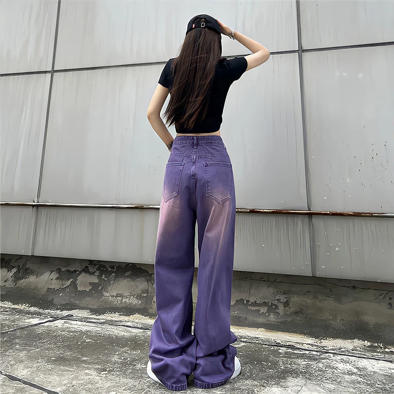 Purple Baggy Jeans Women Boyfriend Style High Waist Gradient Color Washed Y2k Cargo Pants Mopping Straight Denim Trousers