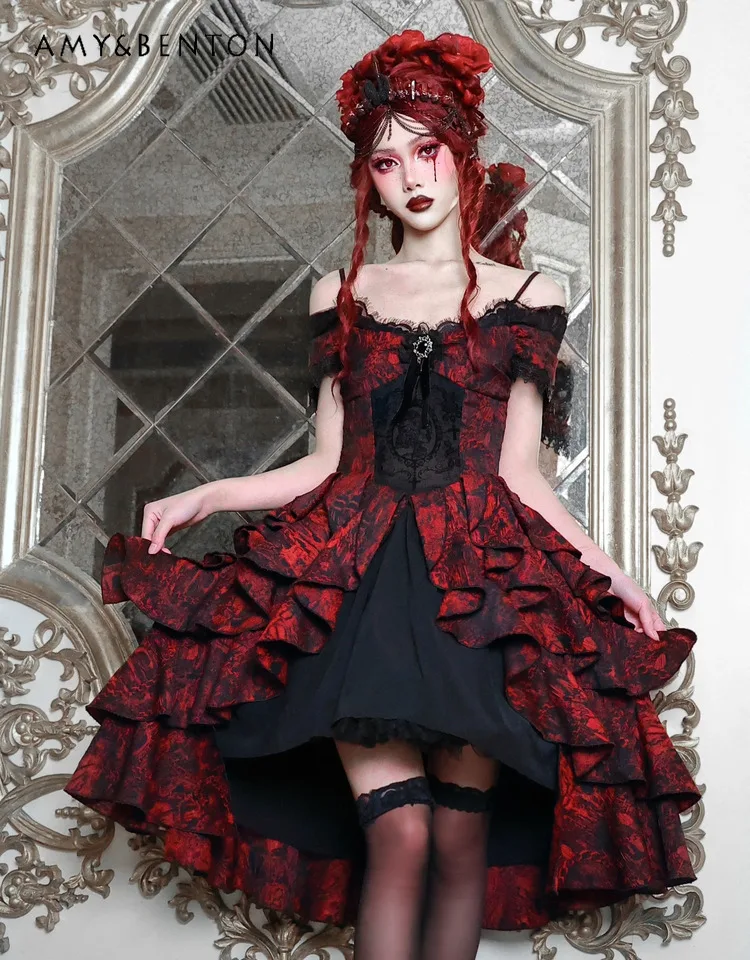 

Heavy Industry Jacquard Off-Shoulder Ruffled Mini Dress Palace Queen Retro Patchwork Subculture Summer Dress Y2K Goth Dresses