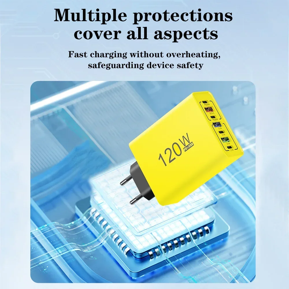 USB C Phone Charger 120W Multi Ports Fast Charging Type C Wall Charger Adapter For iPhone 15 16 Samsung Xiaomi Huawei EU/US Plug