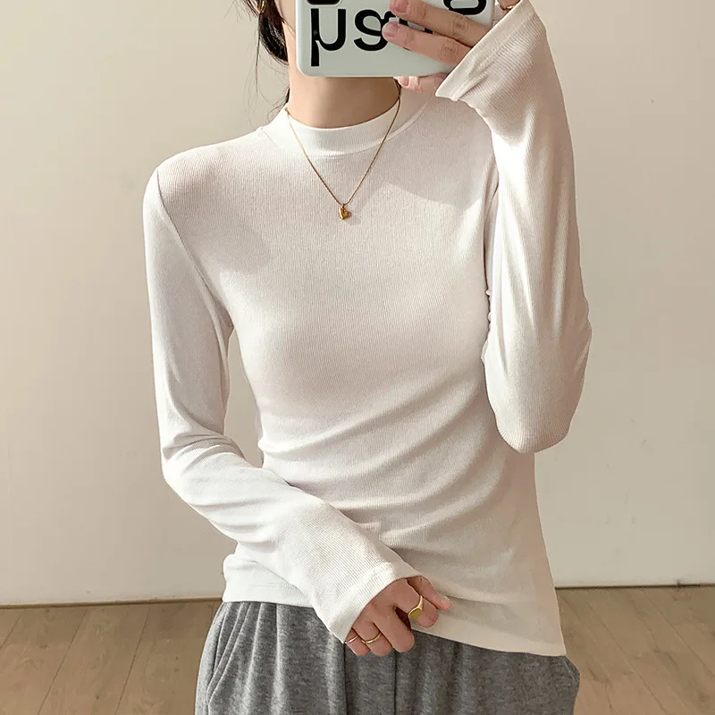 

Underlay Women's Clothing Autumn and Winter 2023 New Slim Fit Long Sleeved White T-shirt Women's Small Standing Collar Top