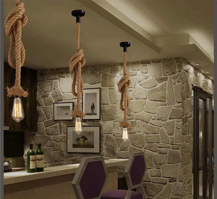 Description Picture 3 of itemRetro Vintage Hemp Rope Pendant Light American Industrial Hanging Lamps Creative Loft Country Style Ceiling Lamps E27 Edison LED