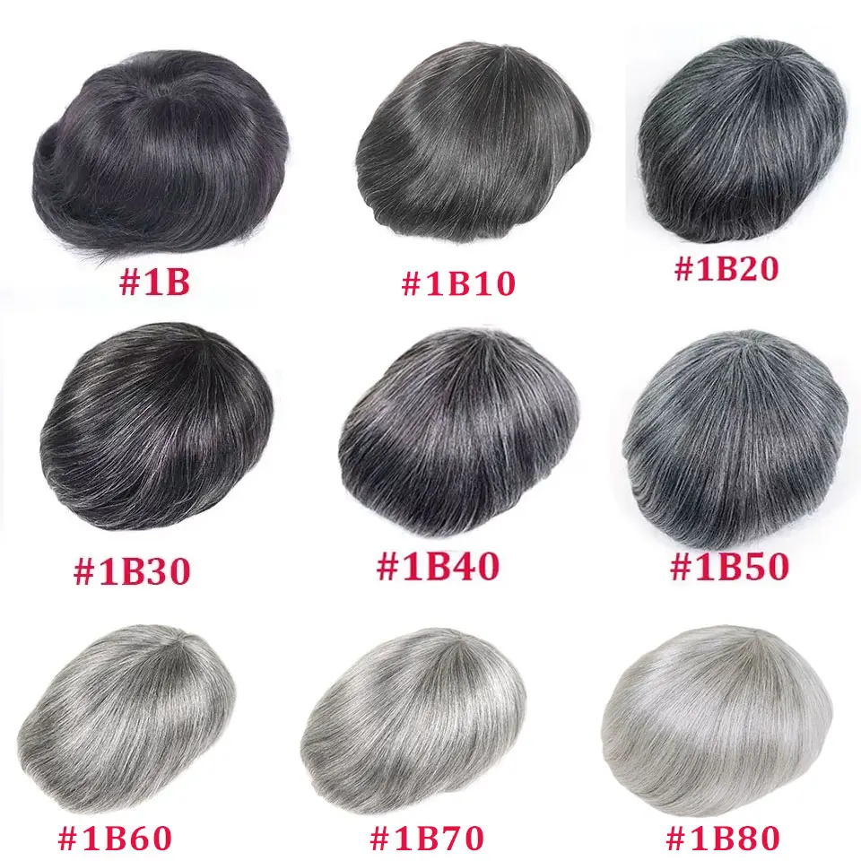 0.08-0.10MM Full Skin PU Toupee Men V Loop Human Hair Men's Wigs #1B Men Capillary Prosthesis Hair Unit Replacement