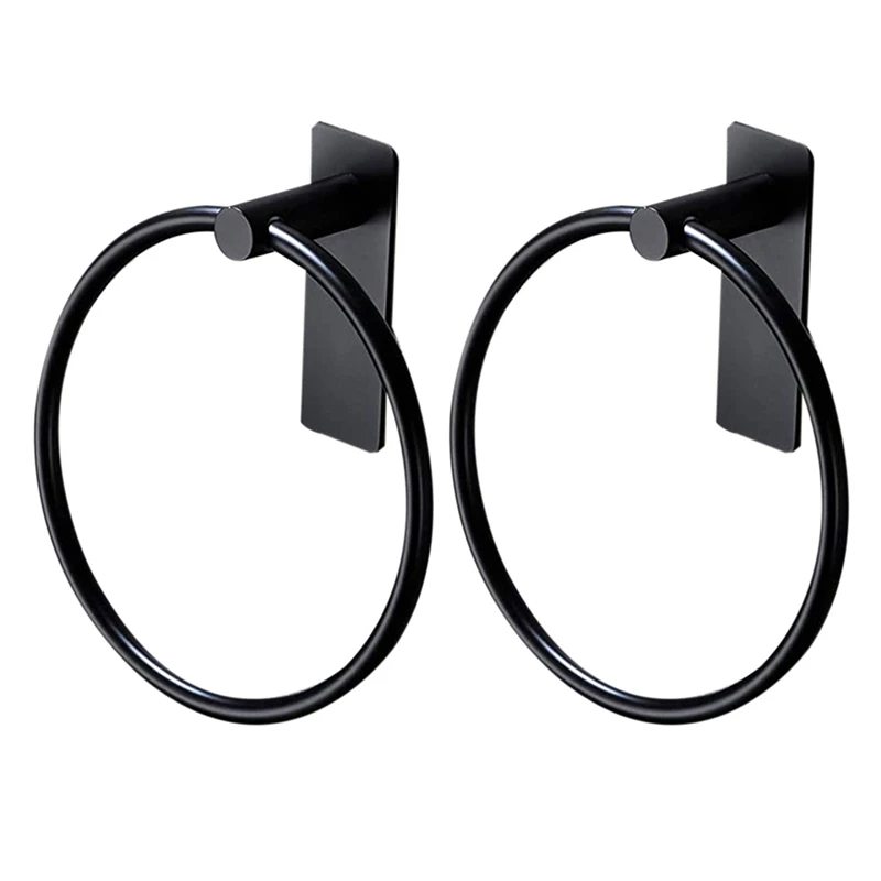 2X Towel Ring/Hand Towel Holder - Self Adhesive Round Towel Rack Hand Towel Bar For Bathroom, Stainless Steel Black