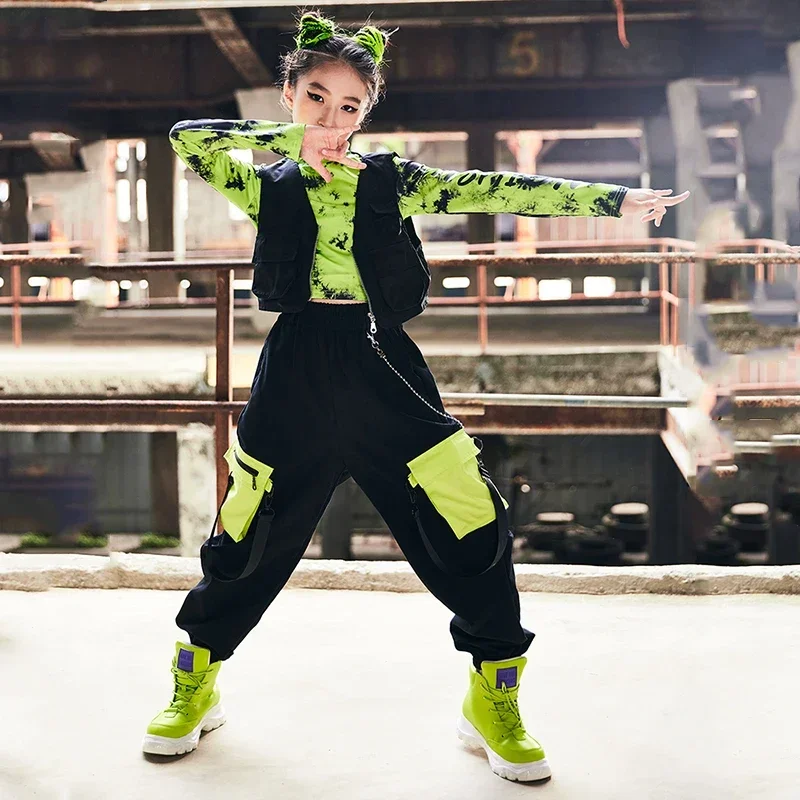 Girls Green Crop Tops Vest Cargo Pants Kids Catwalk Modern Jazz Performance Wear Stage Costume Hip Hop Dance Clothes