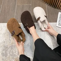 High Quality Lamb fur slippers women round toe buckle belt plush pantuflas female cork winter slides shoes woman furry slippers - Image 4