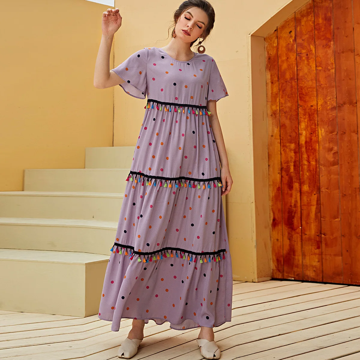 

2022 Women Dress Summer Fashion Short Sleeve Polka Dot Color Fringed Dress Muslim Islamic Clothing 3XL
