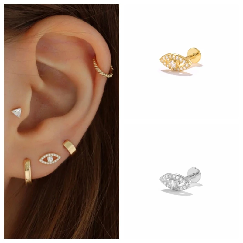 CANNER 925 Sterling Silver Stud Earrings for Women Cubic Zirconia Labret Lip Ring CartilageTragus Piercing Earring Jewelry 1pc