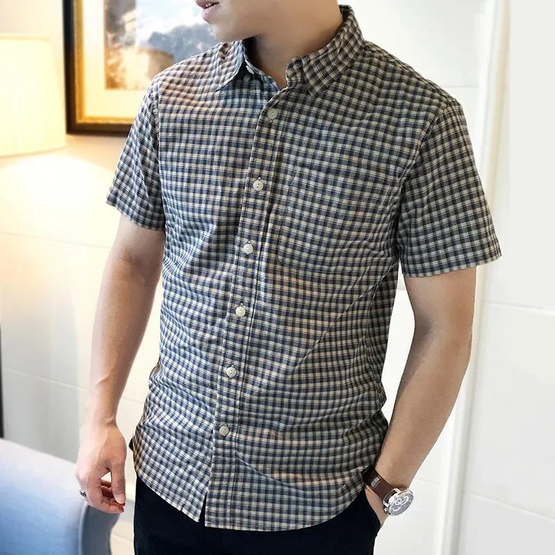 

Clothes Formal with Pocket Male Top Plaid Men's Shirt and Blouse Business Elegant Free Shipping Button Sleeves New in Asia Xxl I