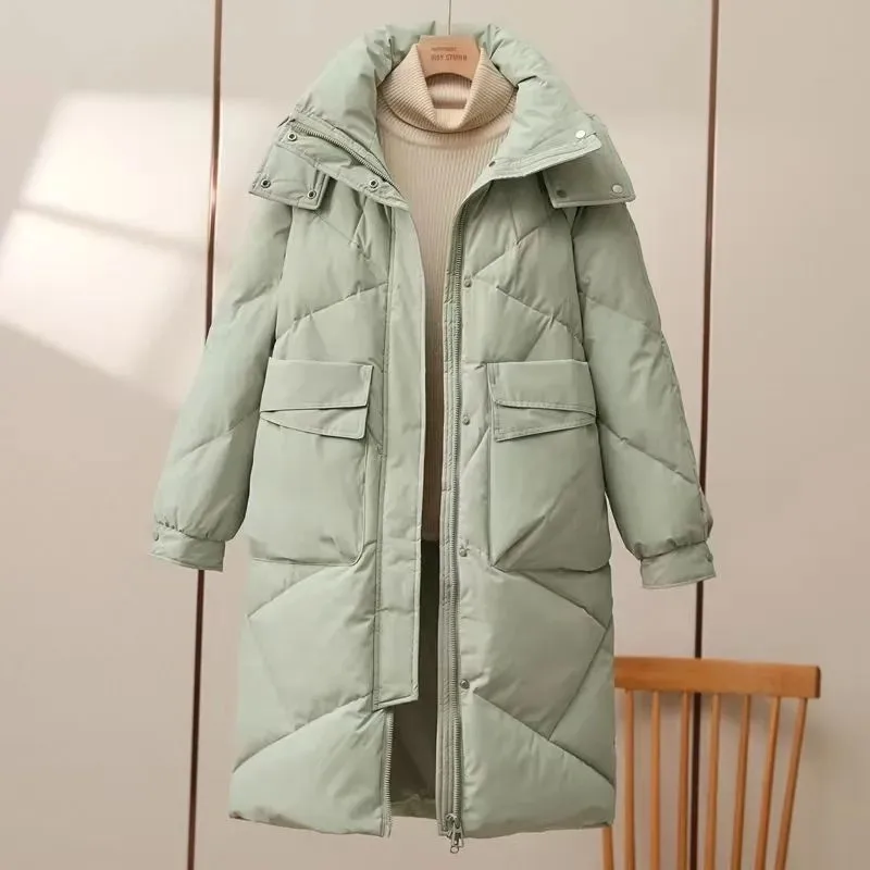 

Big Pocket Down Cotton Coat Women Windproof Hooded Parkas Winter Long Padded Jacket Female Overcoat Casual Loose Outerwear B024