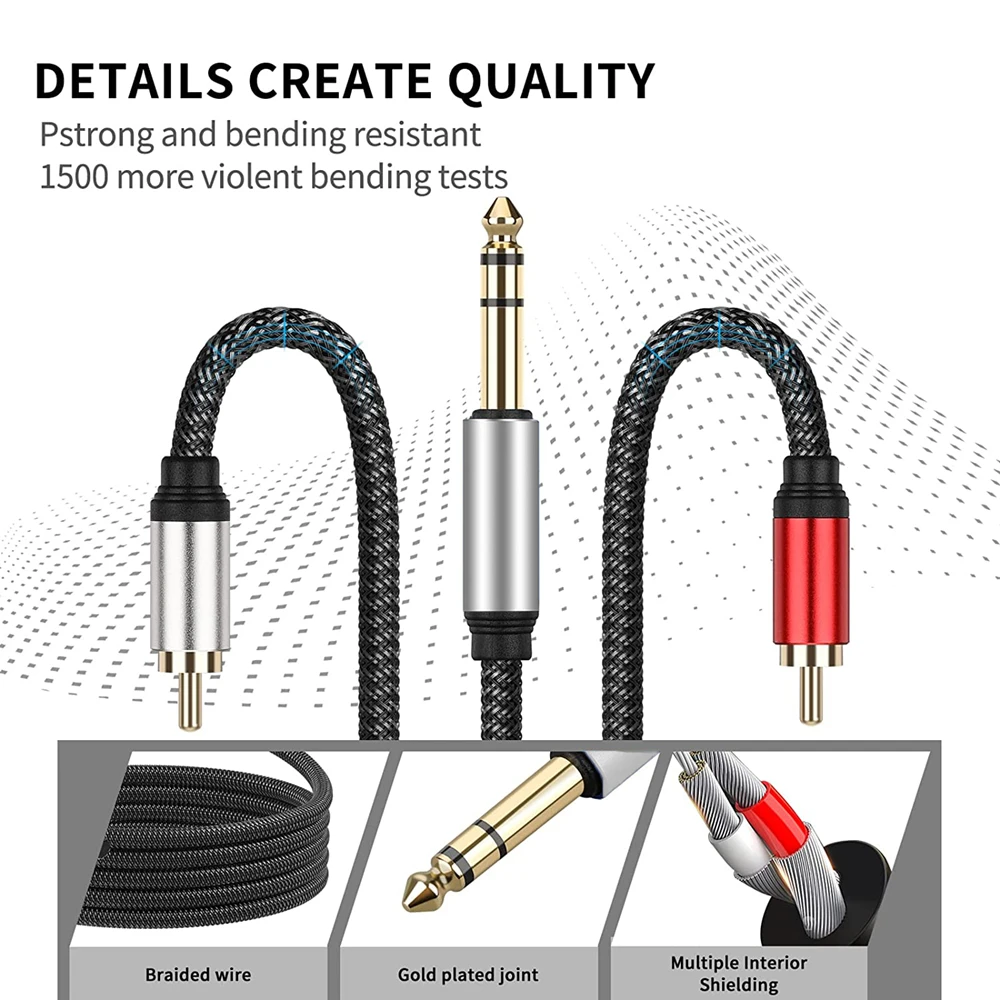 Premium 1/4 Inch TRS to Dual RCA Audio Cable with Stereo Jack and Y Splitter Adapter - Braided Cord Design