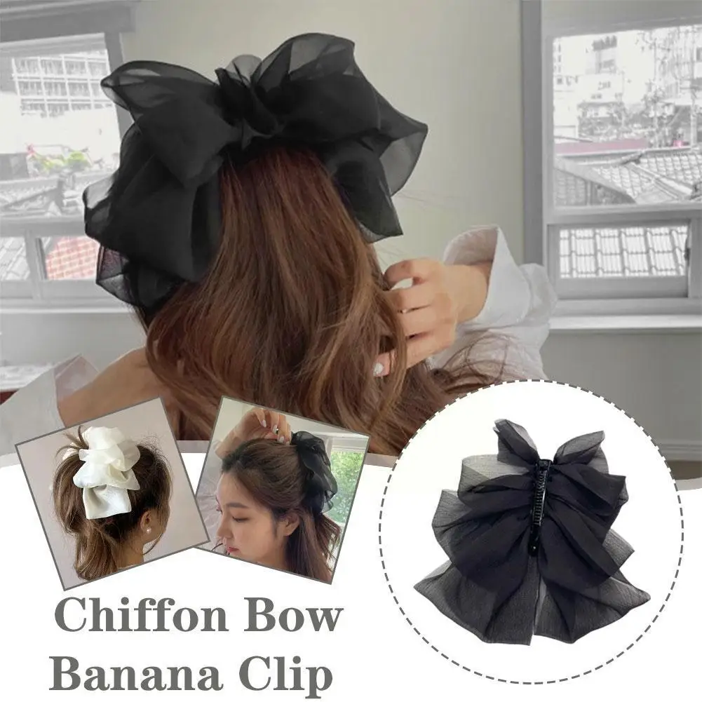 

New Chiffon Bow Banana Clip High Ponytail Hair Grip Clip Vintage Claw Top Female Clip Clip Vertical Female Headdress E2M3