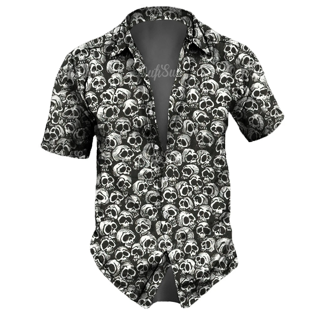Skull Lapel Men'S Shirts Horror 3d Print Casual Hawaiian Shirts Man Retro Shirt For Man Street Button Short Sleeves Male Clothes 3