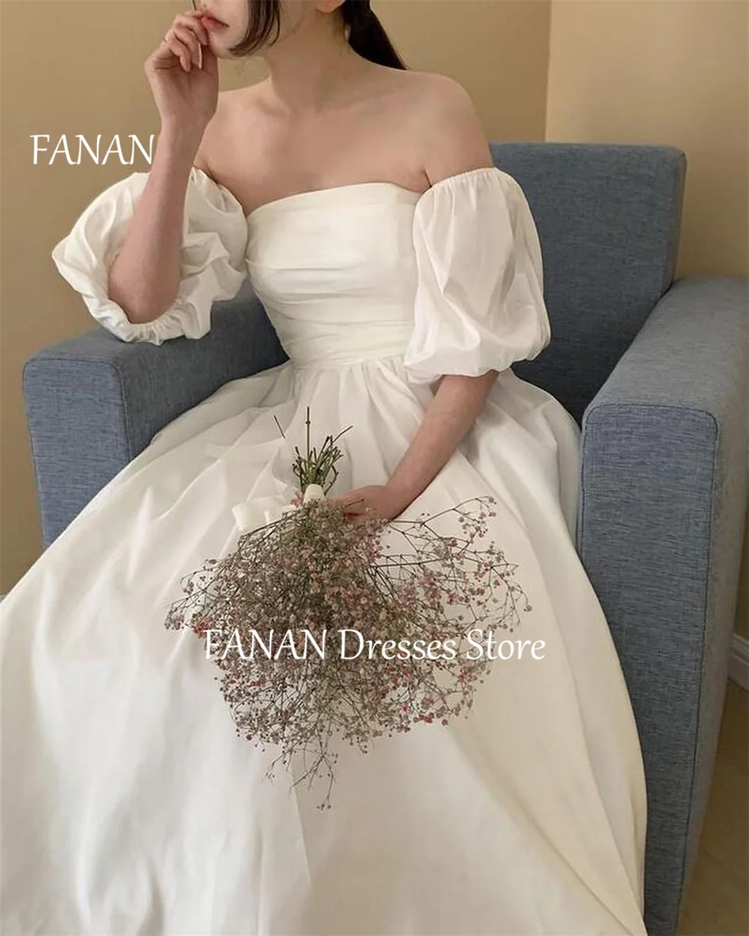 

FANAN Vintage Simple Strapless Korea Wedding Dresses Puff Sleeves Taffeta 웨딩드레스 Ivory Satin Custom Made Bride Gowns Plus Size