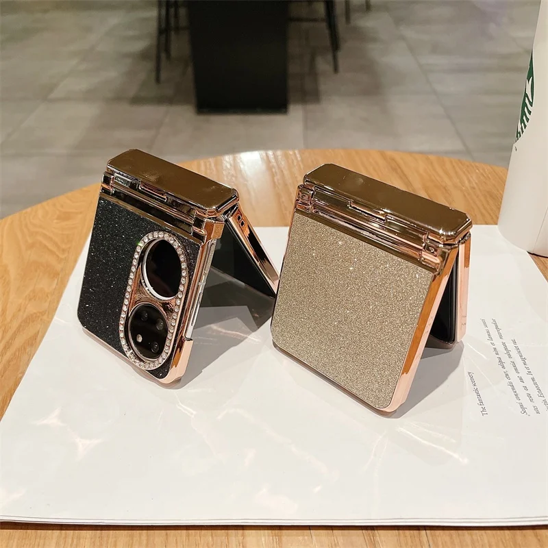 Glitter PU Leather Grain Electroplated Hinge Phone Case For Huawei P50 Pocket PocketS Diamond Blingbling Camera protection Cover