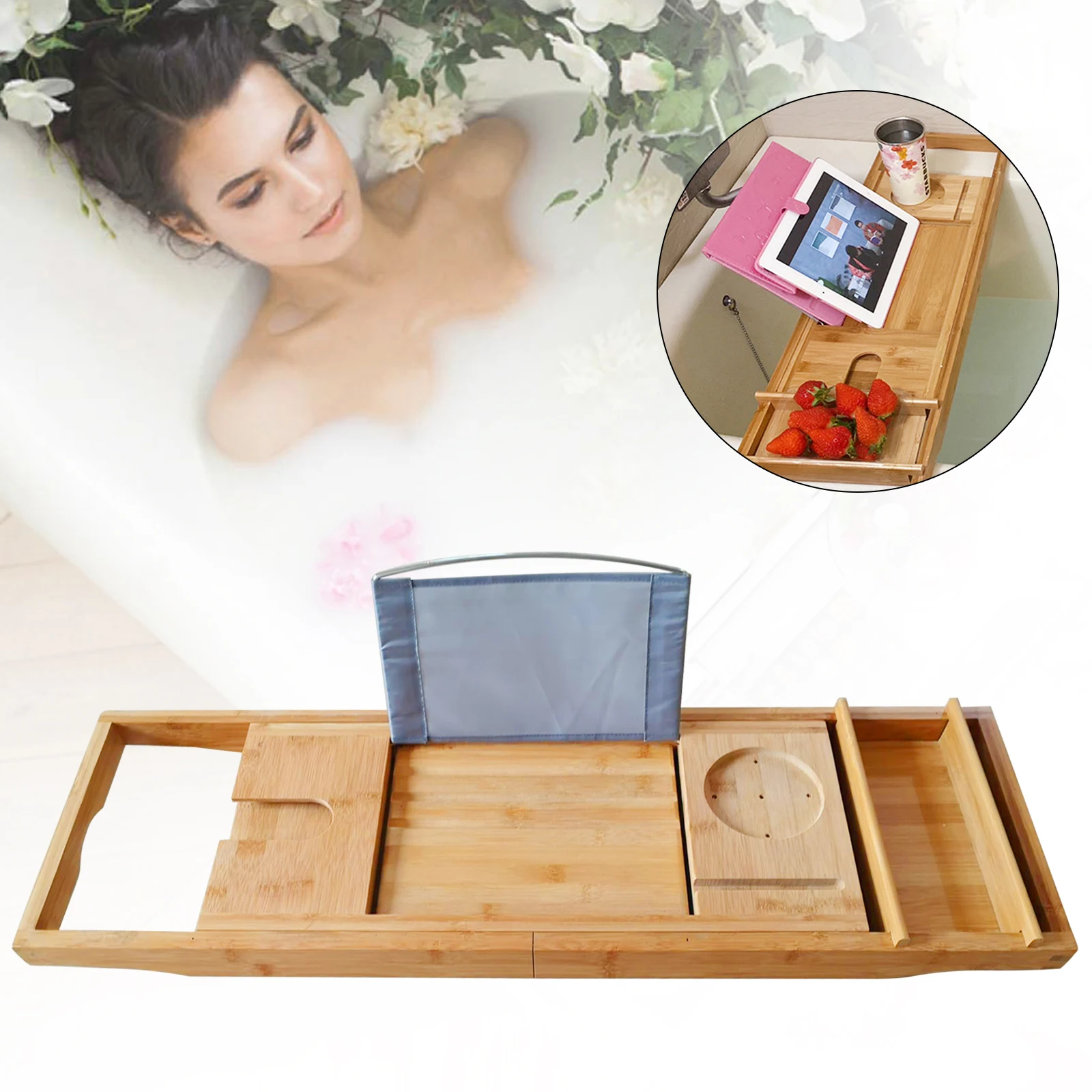 Bathtub Tray for Tub Adjustable Bath Tray for Tub Collapsible and Folding Bathtub Caddy Bath Wood Accessories
