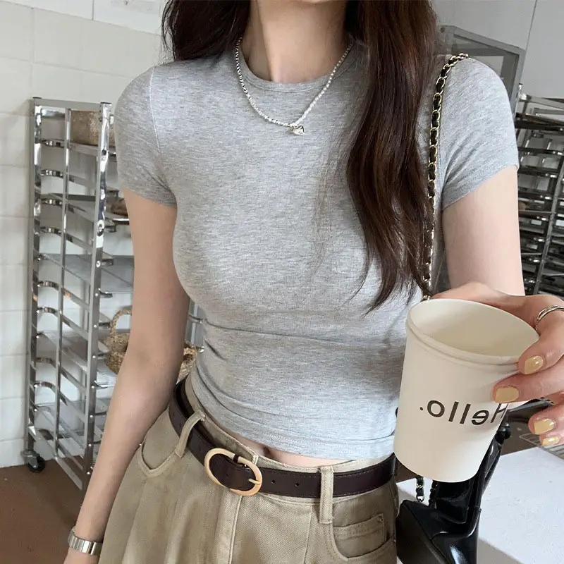 Basic Solid Crop Top Short Sleeve Crewneck Skinny T-shirt Summer Casual Tee for Women y2k Vintage Top Harajuku Streetwear - Image 9