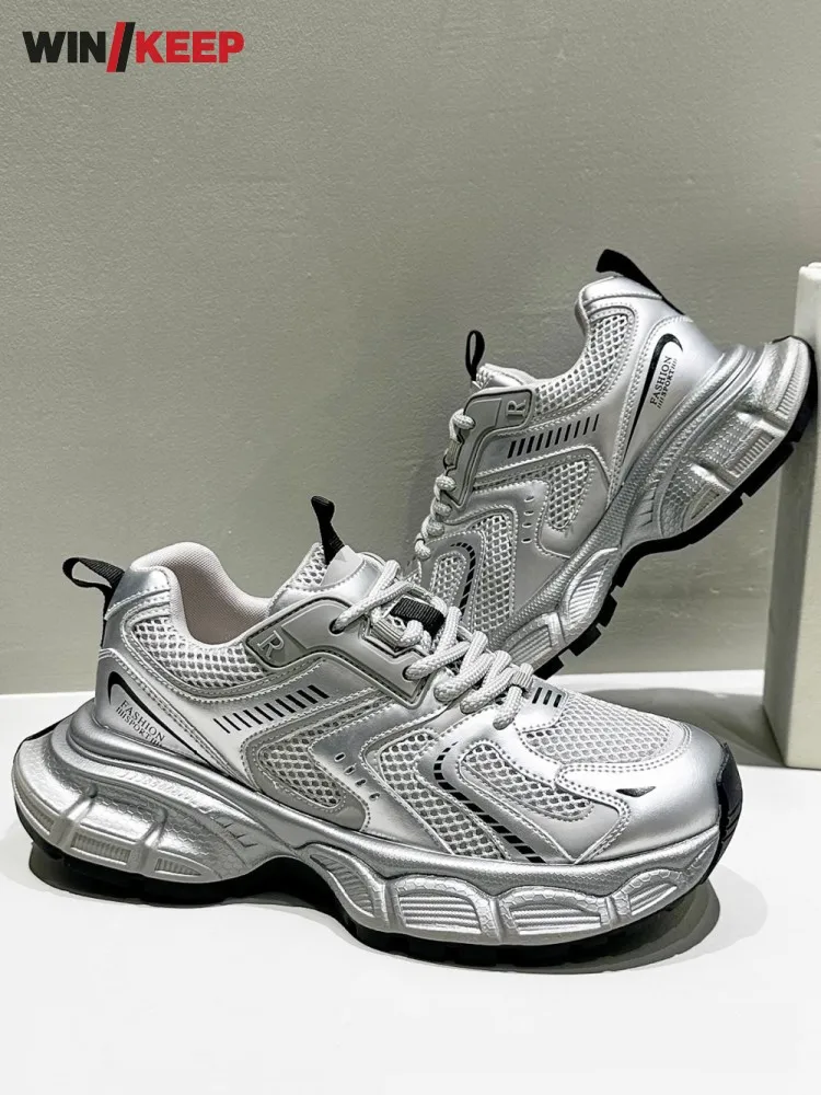 Summer Ladies Leisure Silvery Mesh Breathable Thick Soled Lace Up Jogging Sports Shoes Running Shoes Fitness Trainers Sneakers