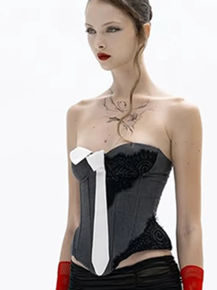 Nibber Sleeveless Fashion PU Patchwork Tank Top Women Sexy Trend Tie Irregular Hem Coquette Midnight Party Club Skinny Vests