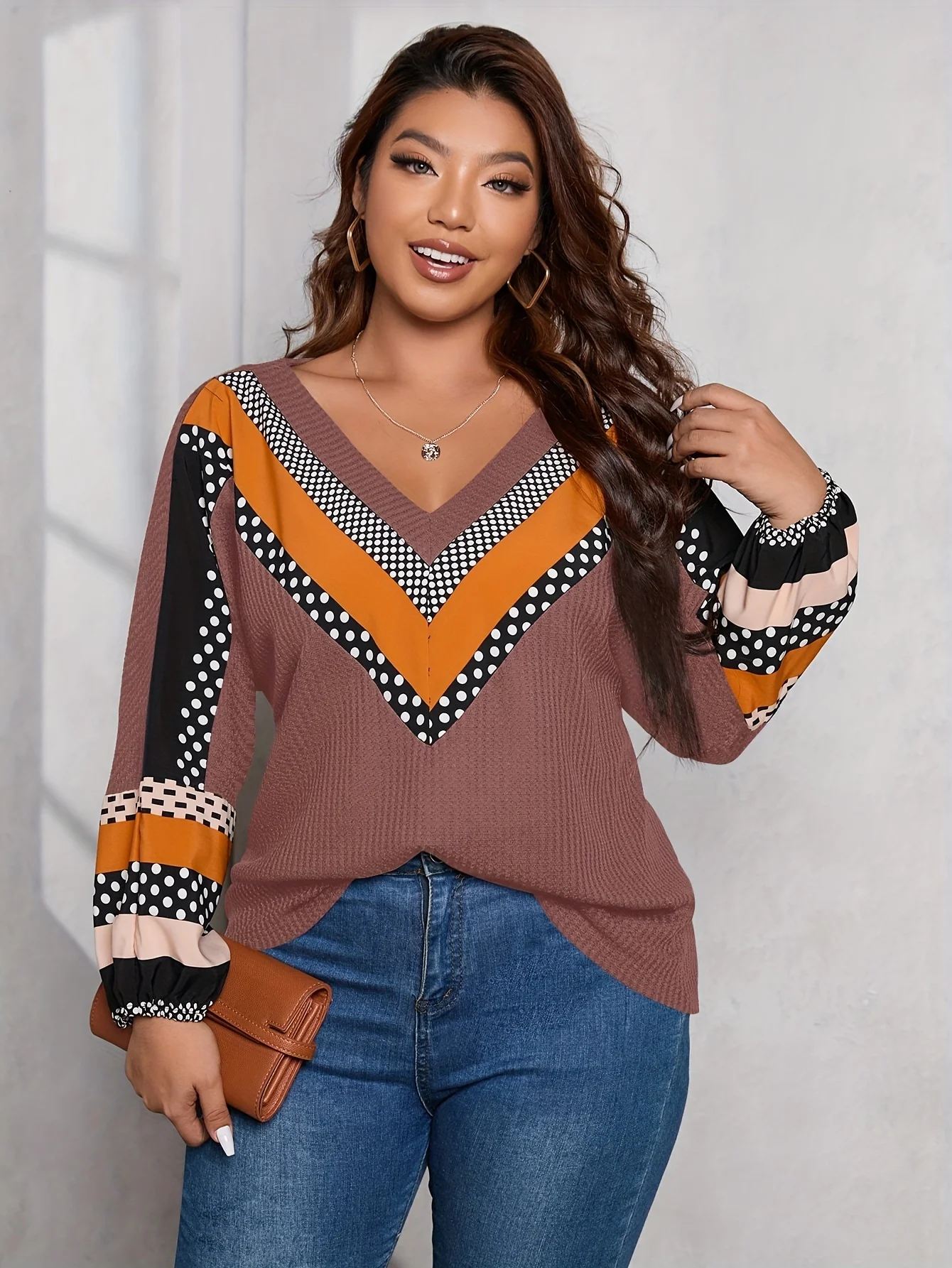 

Finjani Plus Size Casual T-shirt, Women's Plus Colorblock Polka Dot Print Waffle Pattern Long Sleeve V Neck Top