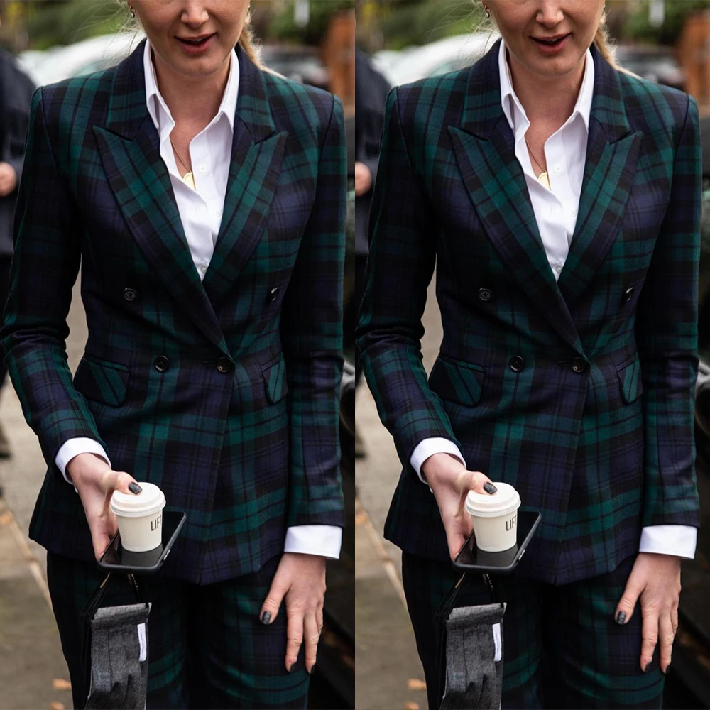 

Green Plaid Women Suits 2 Pieces Party Suit Double Breasted Deep V Neck Slim Fit Fashion Real Image Coat+Wide Leg Pants